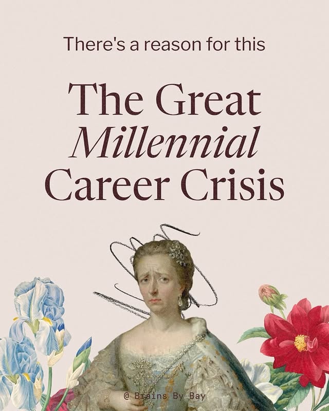 Burgundy serif headline above a classical portrait with colorful flowers on pale pink paper.