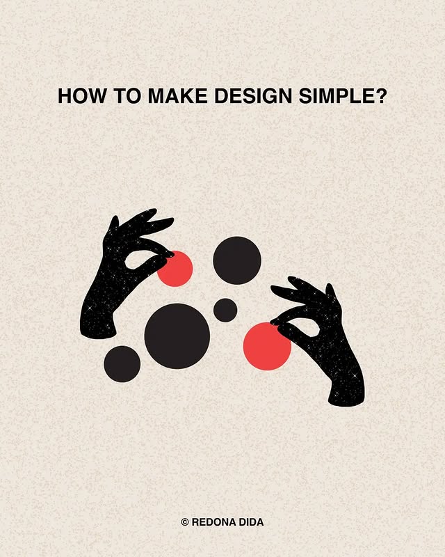 Black headline above illustrated hands arranging red and black circles on textured paper.